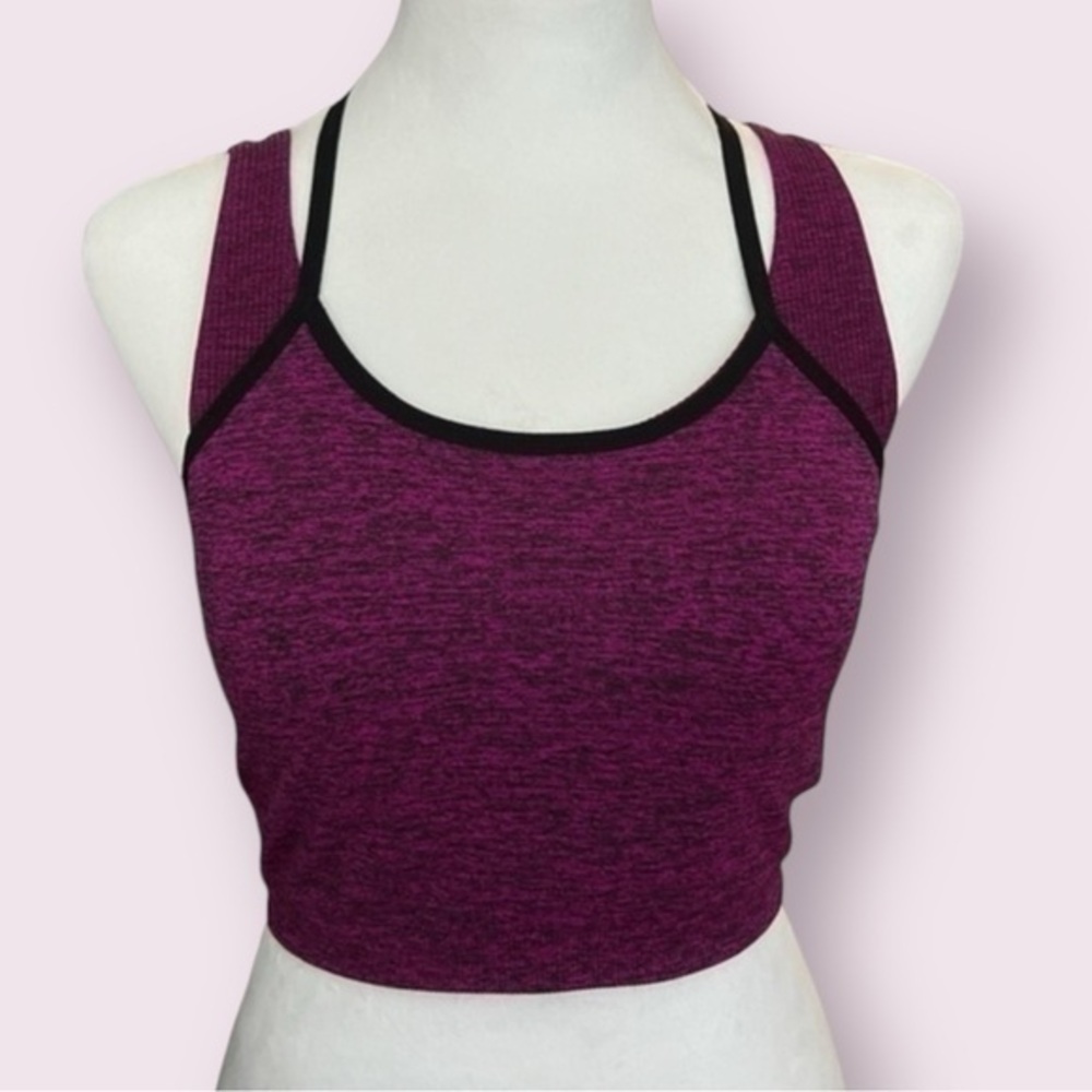 FABLETICS Padded Layered Purple and Black Workout Crop Top